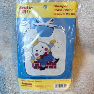 NOS Vintage Janlynn Neat & Nifty Stamped Cross Stitch Baby Bib Kit Humpty Dumpty